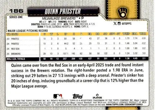 2026 Topps #186 Quinn Priester NM-MT Brewers ID:81829 - Baseball Card Single