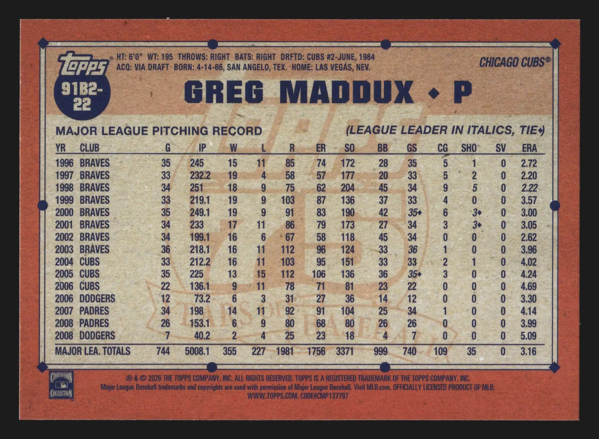 2026 Topps 1991 Topps 35th Anniversary #91B2-22 Greg Maddux Cubs HOF - Baseball Card Single