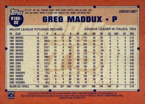 2026 Topps 1991 Topps #91B2-22 Greg Maddux NM Near Mint Cubs ID:83082 - Baseball Card Single