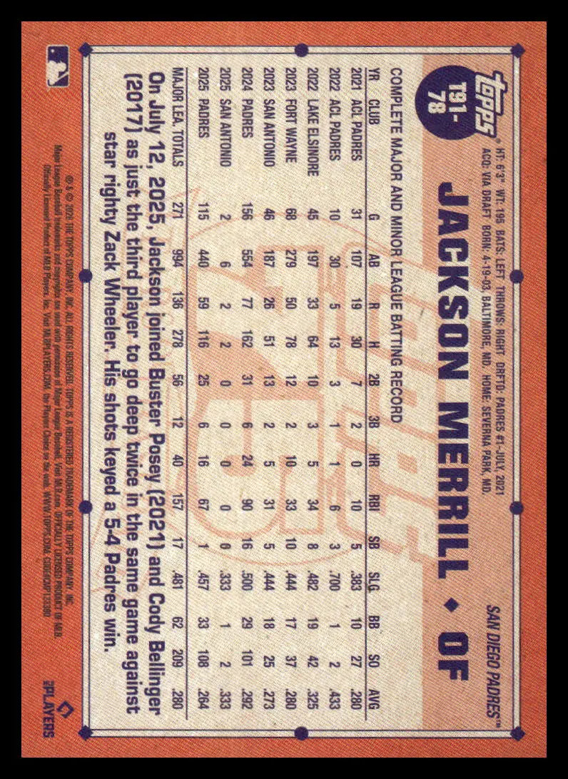 2026 Topps 1991 Topps #T91-78 Jackson Merrill NM-MT Padres ID:81730 - Baseball Card Single