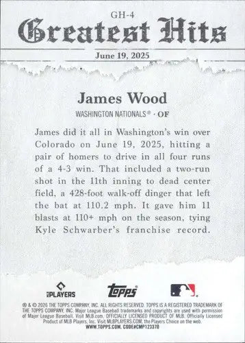 2026 Topps 2025 Greatest Hits #GH-4 James Wood NM-MT Nationals ID:81714 - Baseball Card Single