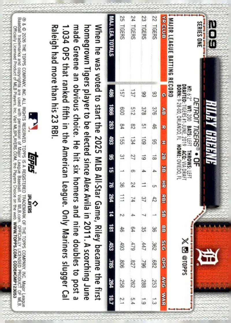 2026 Topps #209 Riley Greene NM-MT Detroit Tigers Baseball Card