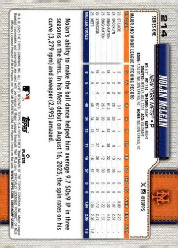 2026 Topps #214 Nolan McLean NM-MT RC Rookie Mets ID:81847 - Baseball Card Single
