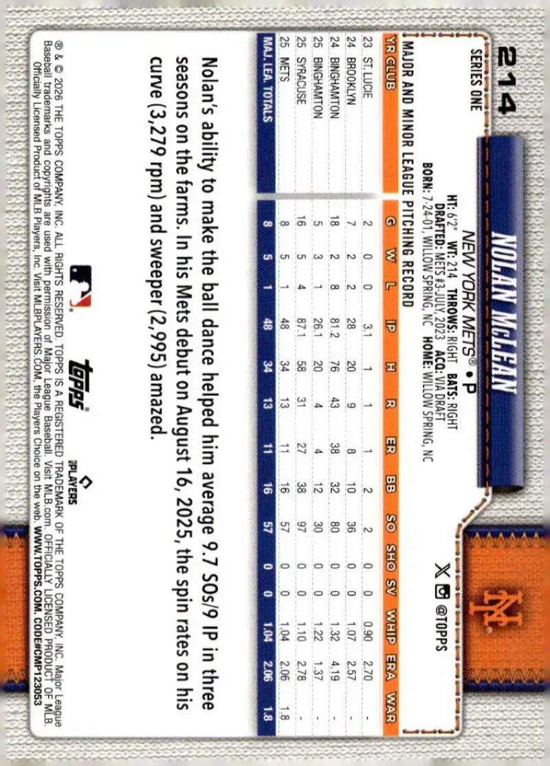 2026 Topps #214 Nolan McLean NM-MT RC Rookie New York Mets Baseball Card