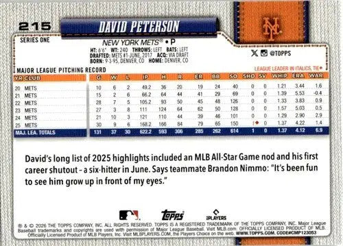 2026 Topps #215 David Peterson NM-MT Mets ID:81848 - Baseball Card Single