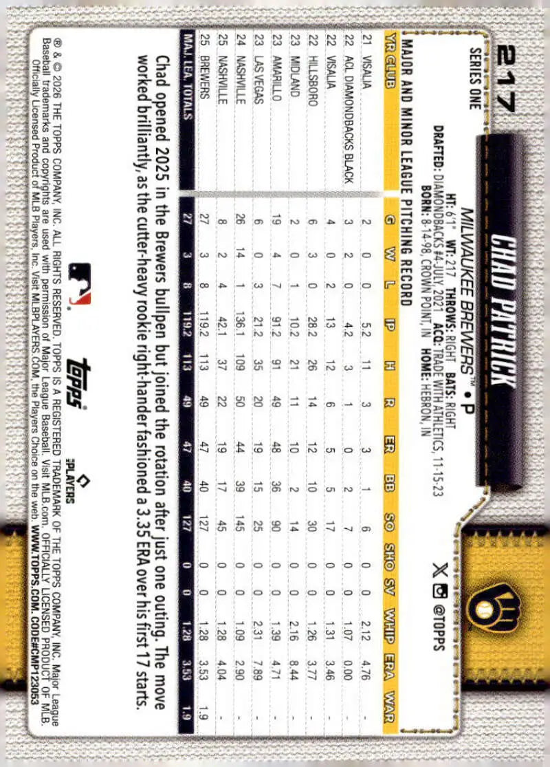 2026 Topps #217 Chad Patrick NM-MT Milwaukee Brewers Baseball Card
