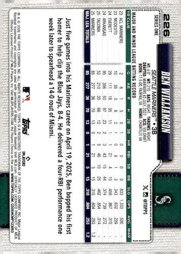2026 Topps #226 Ben Williamson NM-MT Mariners ID:81850 - Baseball Card Single