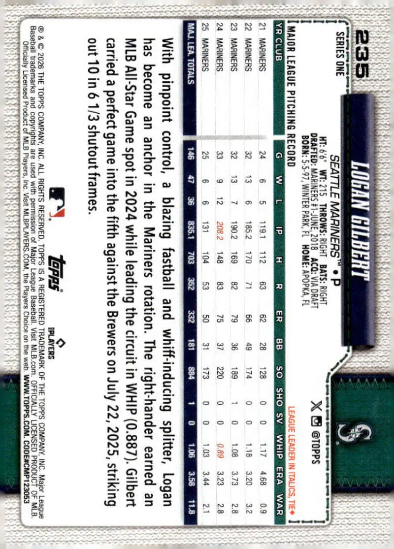 2026 Topps #235 Logan Gilbert NM-MT Seattle Mariners Baseball Card