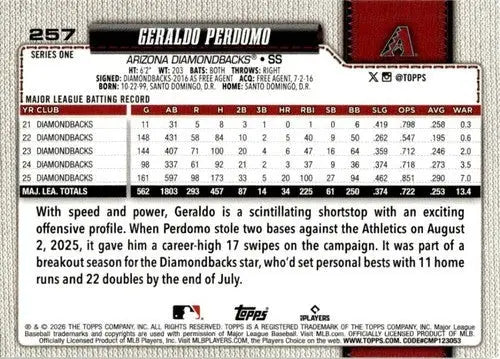2026 Topps #257 Geraldo Perdomo NM-MT Diamondbacks ID:81871 - Baseball Card Single