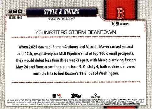 2026 Topps #260 Roman Anthony NM-MT Red Sox Combo Card/Checklist ID:81873 - Baseball Card Single