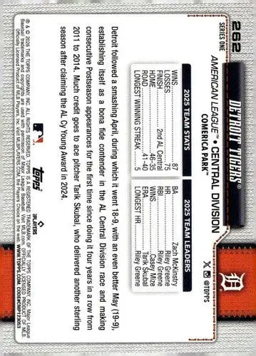 2026 Topps #262 Detroit Tigers NM-MT Tigers Team Card ID:82080 - Baseball Card Single
