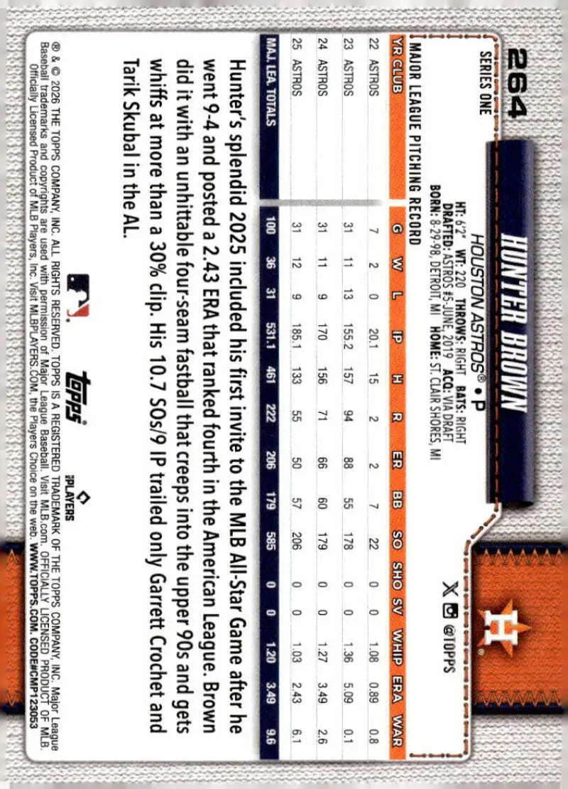 2026 Topps #264 Hunter Brown NM-MT Houston Astros Baseball Card
