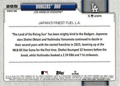 2026 Topps #265 Shohei Ohtani NM-MT Dodgers Combo Card/Checklist ID:81876 - Baseball Card Single