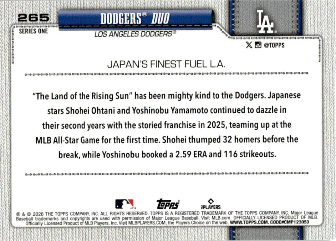 2026 Topps #265 Shohei Ohtani NM-MT Los Angeles Dodgers Baseball Card