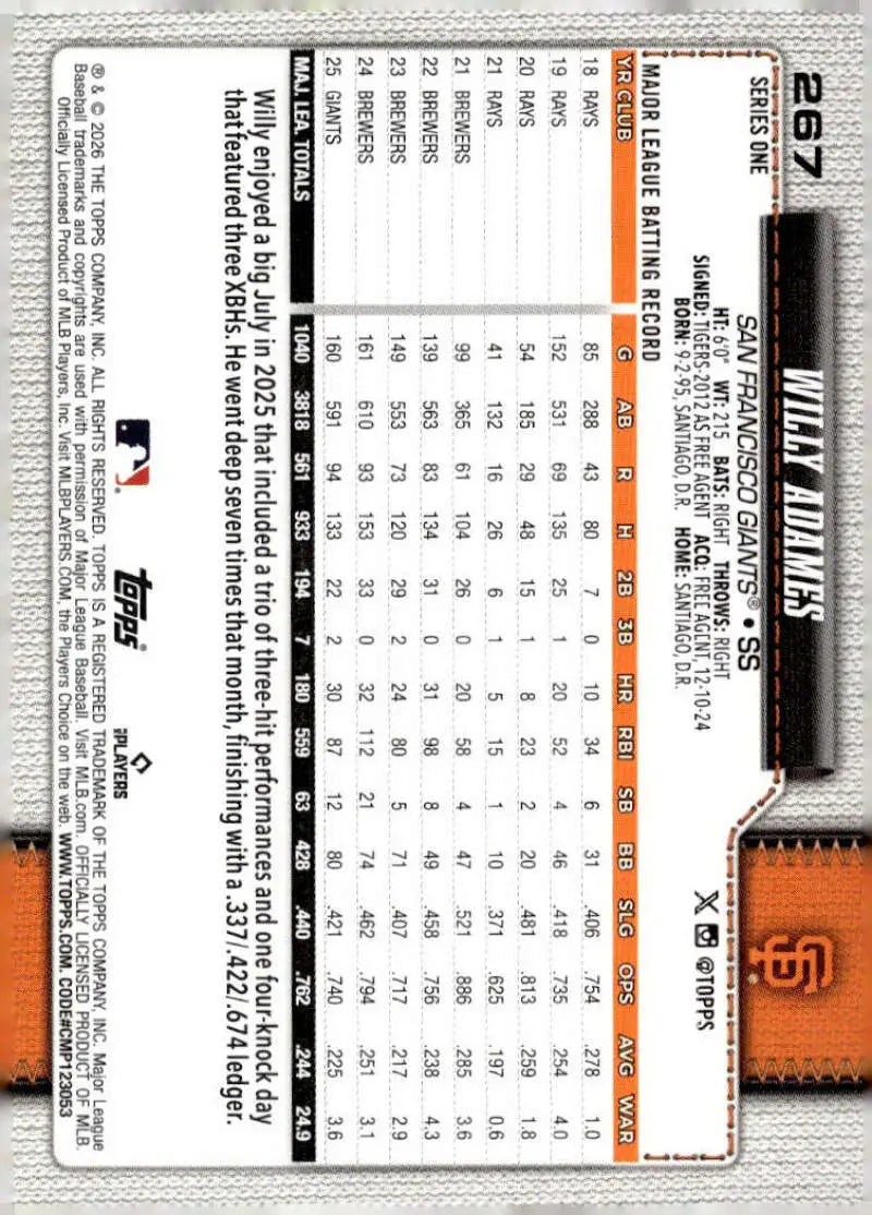 2026 Topps #267 Willy Adames NM-MT San Francisco Giants Baseball Card