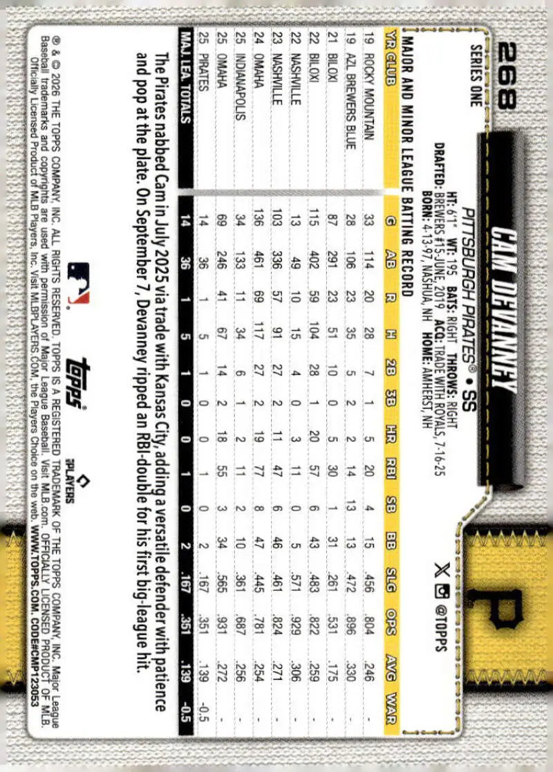 2026 Topps #268 Cam Devanney NM-MT RC Rookie Pittsburgh Pirates Baseball Card
