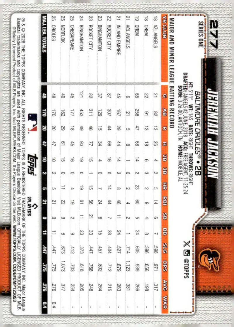 2026 Topps #277 Jeremiah Jackson NM-MT RC Rookie Baltimore Orioles Baseball Card