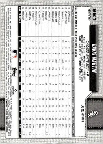 2026 Topps #281 Davis Martin NM-MT White Sox ID:81884 - Baseball Card Single