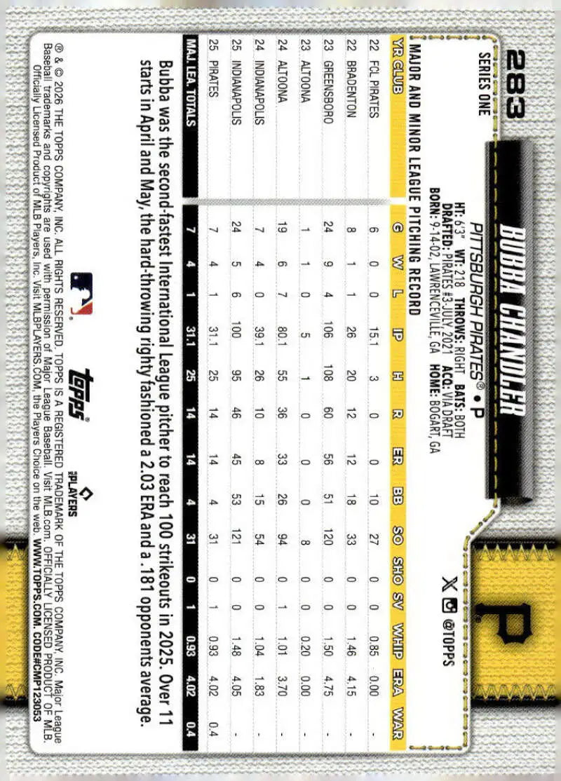 2026 Topps #283 Bubba Chandler NM-MT RC Rookie Pittsburgh Pirates Baseball Card