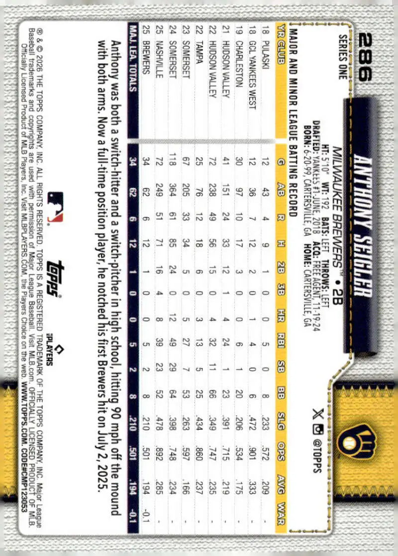 2026 Topps #286 Anthony Seigler NM-MT RC Rookie Milwaukee Brewers Baseball Card