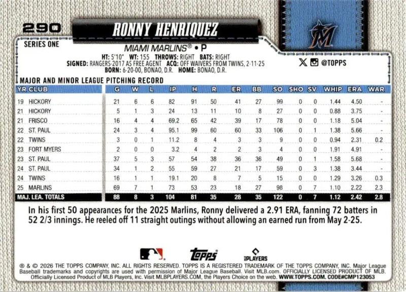 2026 Topps #290 Ronny Henriquez NM-MT Miami Marlins Baseball Card