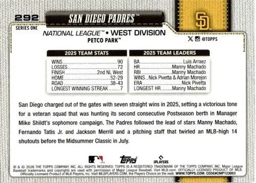 2026 Topps #292 San Diego Padres NM-MT Padres Team Card ID:81888 - Baseball Card Single