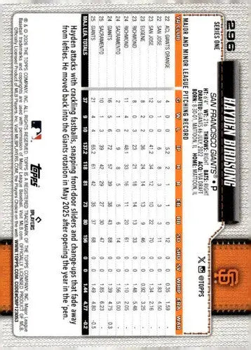 2026 Topps #296 Hayden Birdsong NM-MT Giants Future Stars ID:81890 - Baseball Card Single