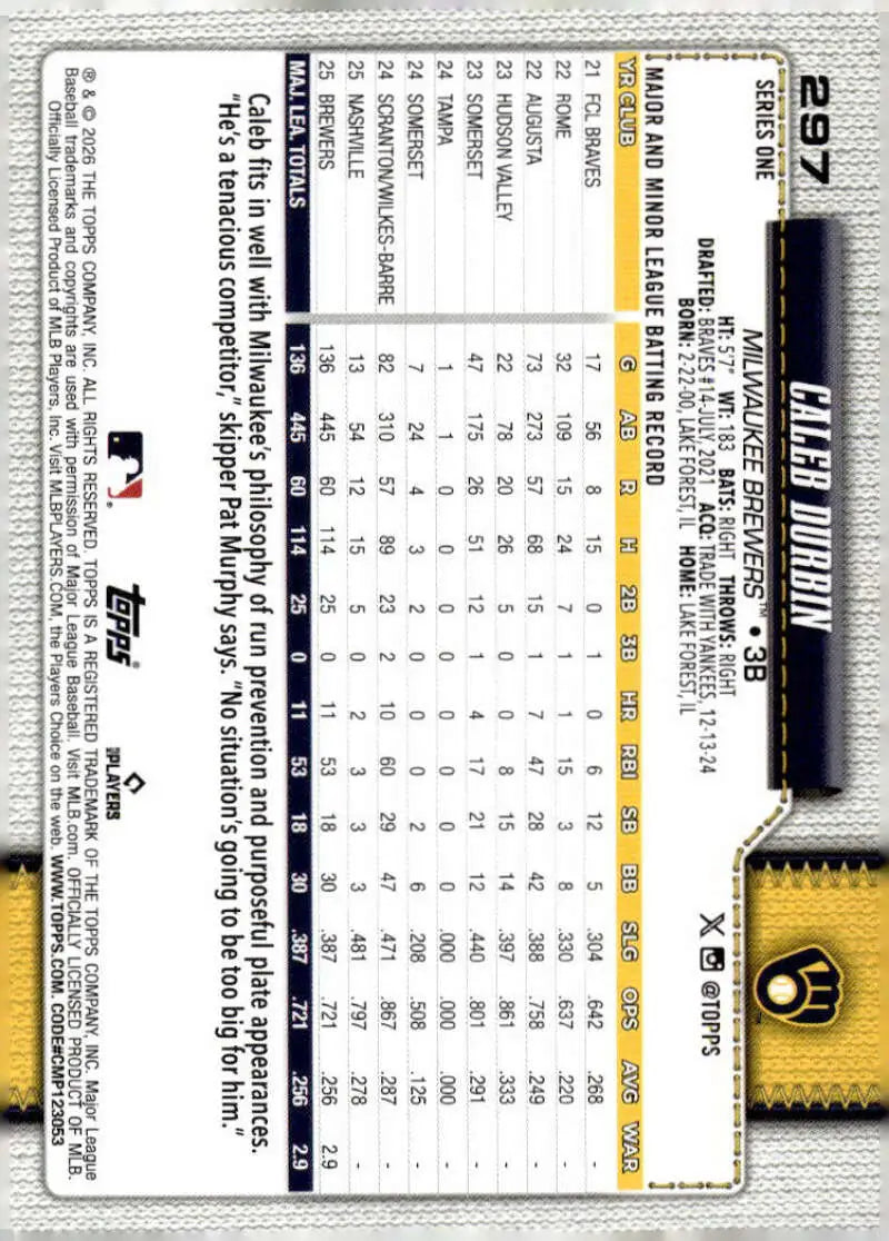 2026 Topps #297 Caleb Durbin NM-MT Milwaukee Brewers Baseball Card