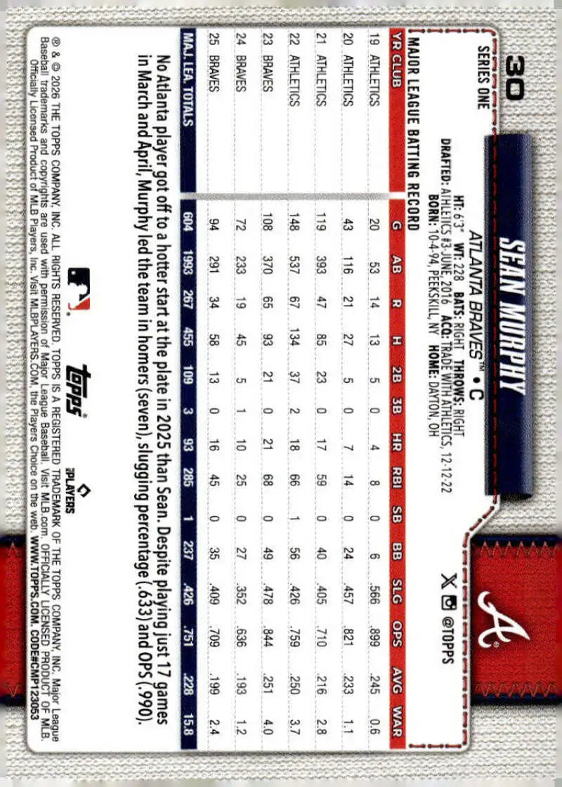 2026 Topps #30 Sean Murphy NM-MT Atlanta Braves Baseball Card