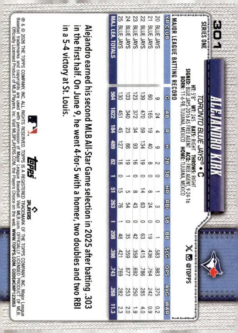 2026 Topps #301 Alejandro Kirk NM-MT Toronto Blue Jays Baseball Card