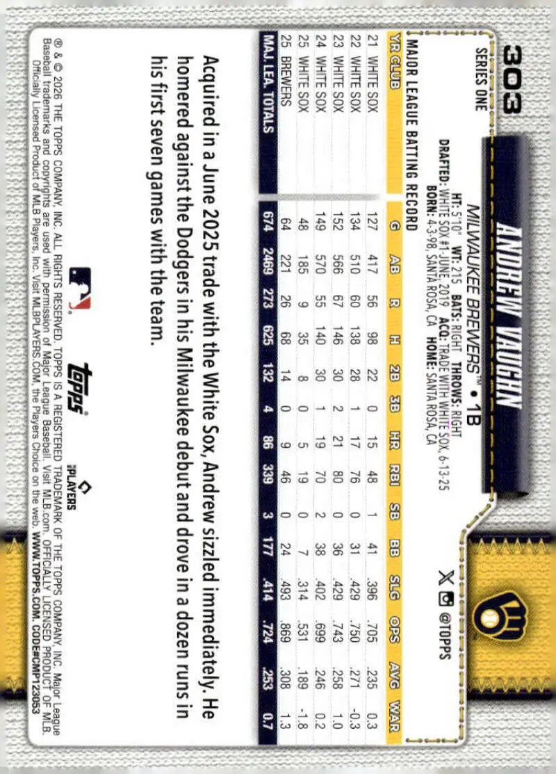 2026 Topps #303 Andrew Vaughn NM-MT Milwaukee Brewers Baseball Card