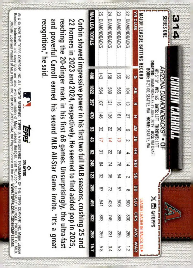 2026 Topps #314 Corbin Carroll NM-MT Arizona Diamondbacks Baseball Card