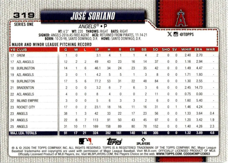 2026 Topps #319 Jose Soriano NM-MT Los Angeles Angels Baseball Card