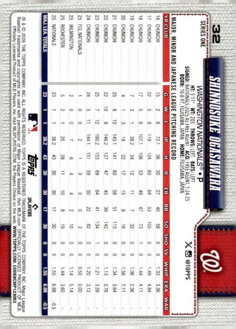 2026 Topps #32 Shinnosuke Ogasawara NM-MT RC Rookie Washington Nationals Baseball Card