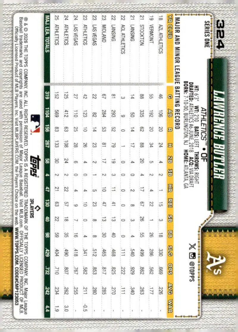 2026 Topps #324 Lawrence Butler NM-MT Athletics Baseball Card
