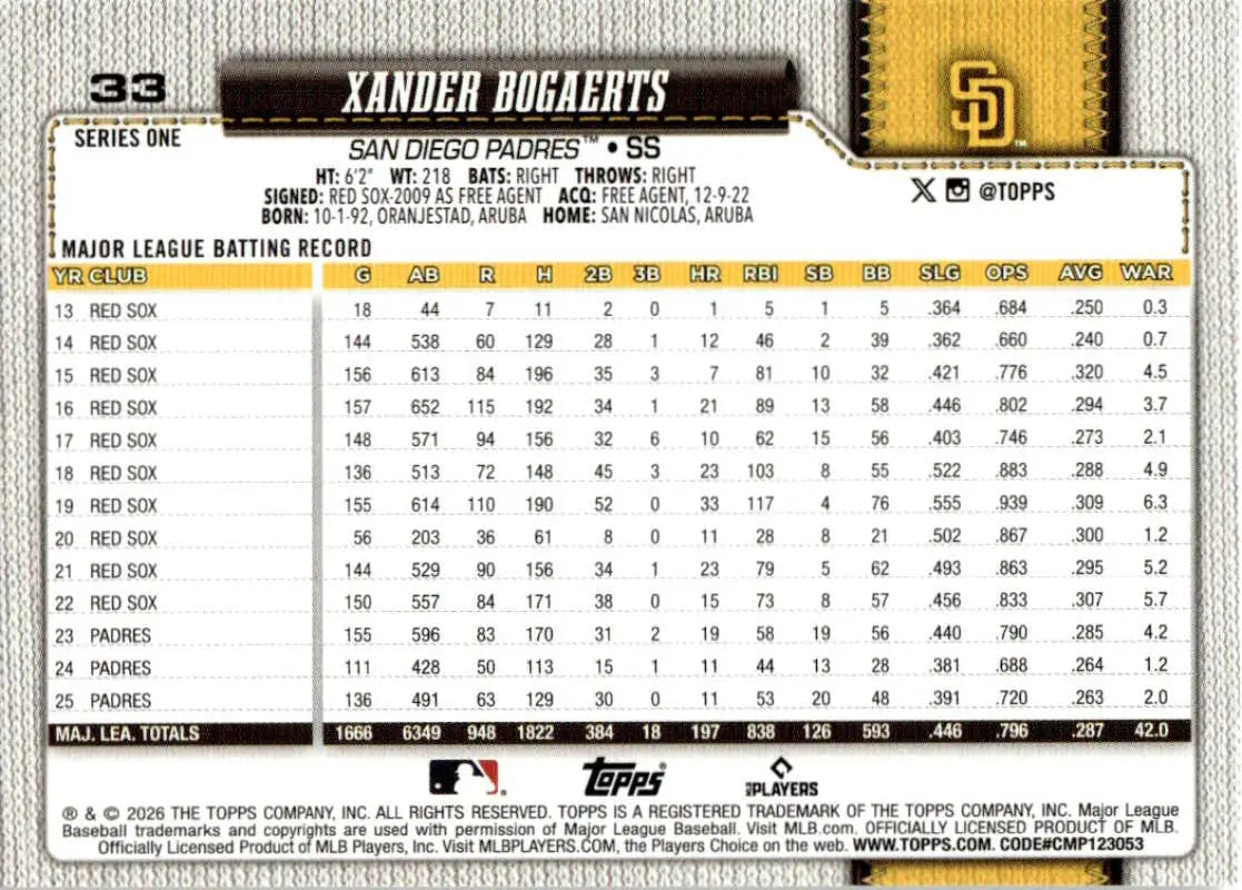 2026 Topps #33 Xander Bogaerts NM-MT San Diego Padres Baseball Card