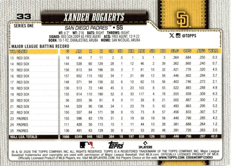 2026 Topps #33 Xander Bogaerts NM-MT San Diego Padres Baseball Card