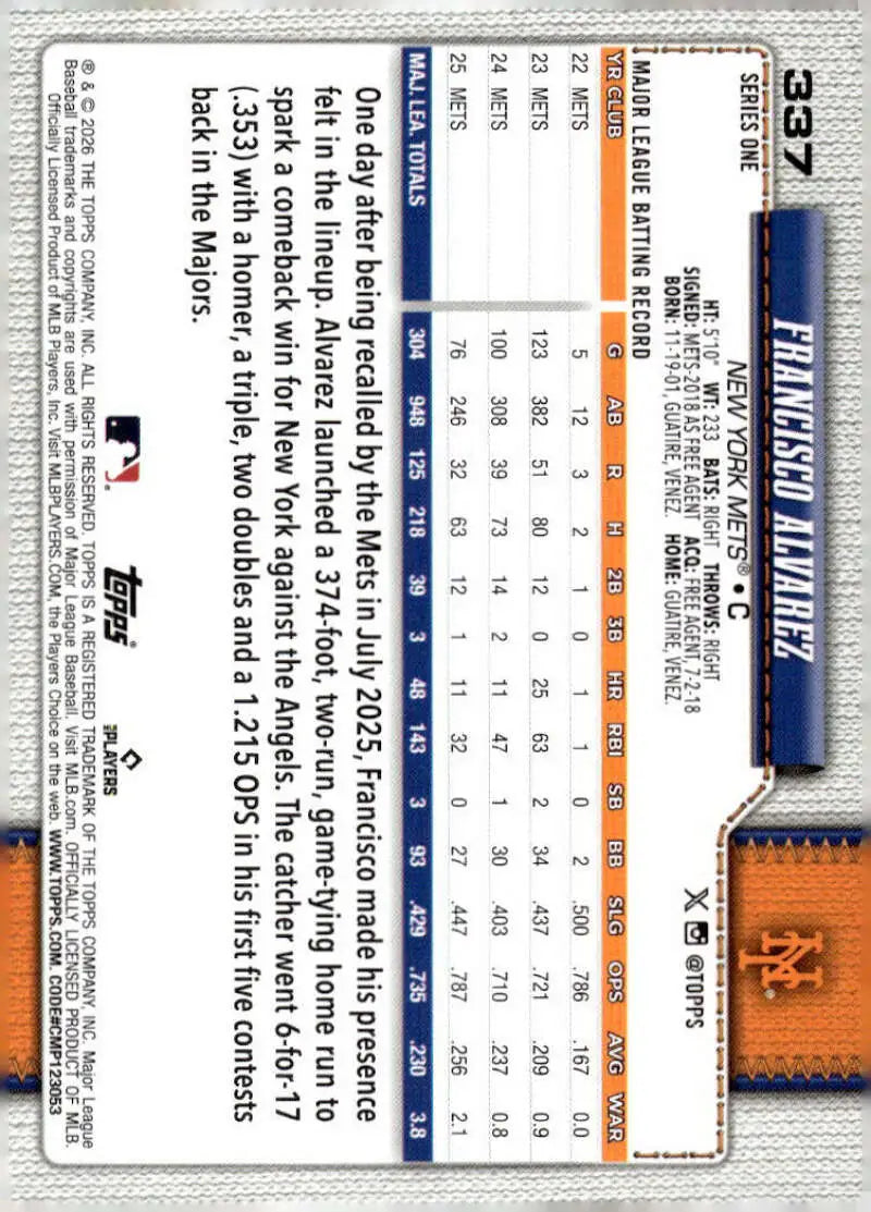 2026 Topps #337 Francisco Alvarez NM-MT New York Mets Baseball Card