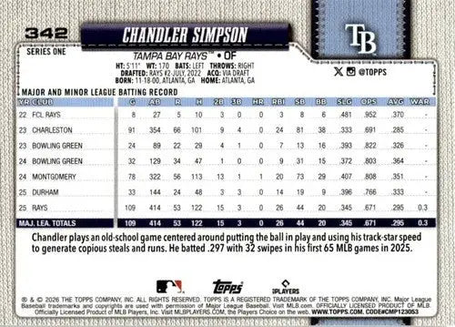 2026 Topps #342 Chandler Simpson NM-MT Rays Future Stars ID:81914 - Baseball Card Single