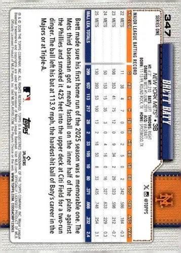 2026 Topps #347 Brett Baty NM-MT Mets ID:81917 - Baseball Card Single