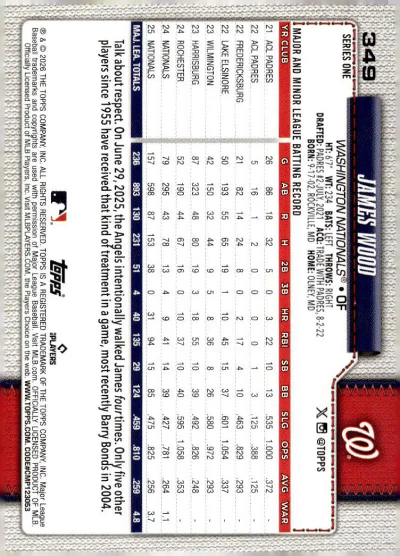 2026 Topps #349 James Wood NM-MT Washington Nationals Baseball Card