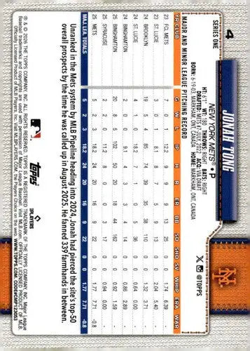 2026 Topps #4 Jonah Tong NM-MT RC Rookie Mets ID:81734 - Baseball Card Single
