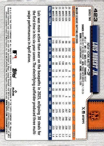 2026 Topps #423 Luis Robert Jr. NM Near Mint Mets ID:83027 - Baseball Card Single