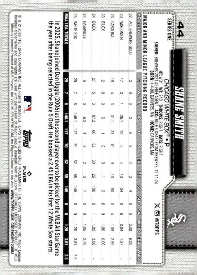 2026 Topps #44 Shane Smith NM-MT Chicago White Sox Baseball Card