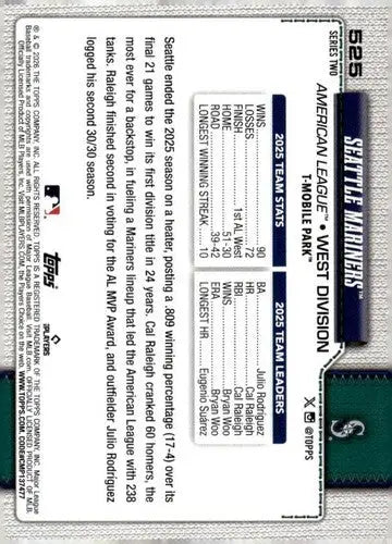 2026 Topps #525 Seattle Mariners NM Near Mint Mariners Team Card ID:83296 - Baseball Card Single