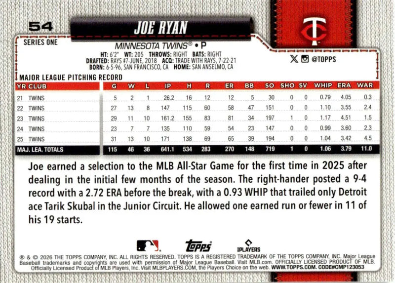 2026 Topps #54 Joe Ryan NM-MT Minnesota Twins Baseball Card