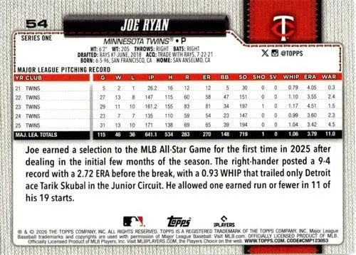 2026 Topps #54 Joe Ryan NM-MT Twins ID:81762 - Baseball Card Single