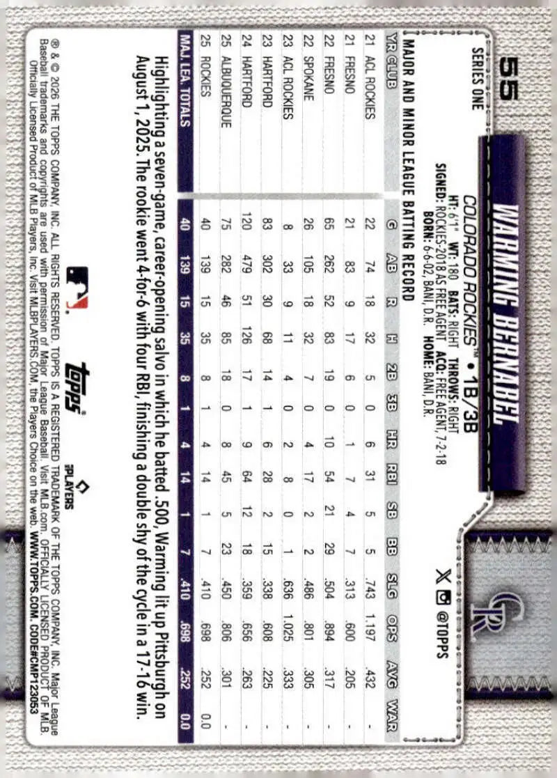 2026 Topps #55 Warming Bernabel NM-MT RC Rookie Colorado Rockies Baseball Card