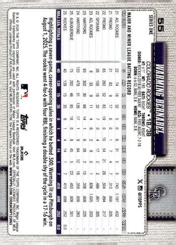 2026 Topps #55 Warming Bernabel NM-MT RC Rookie Rockies ID:81763 - Baseball Card Single