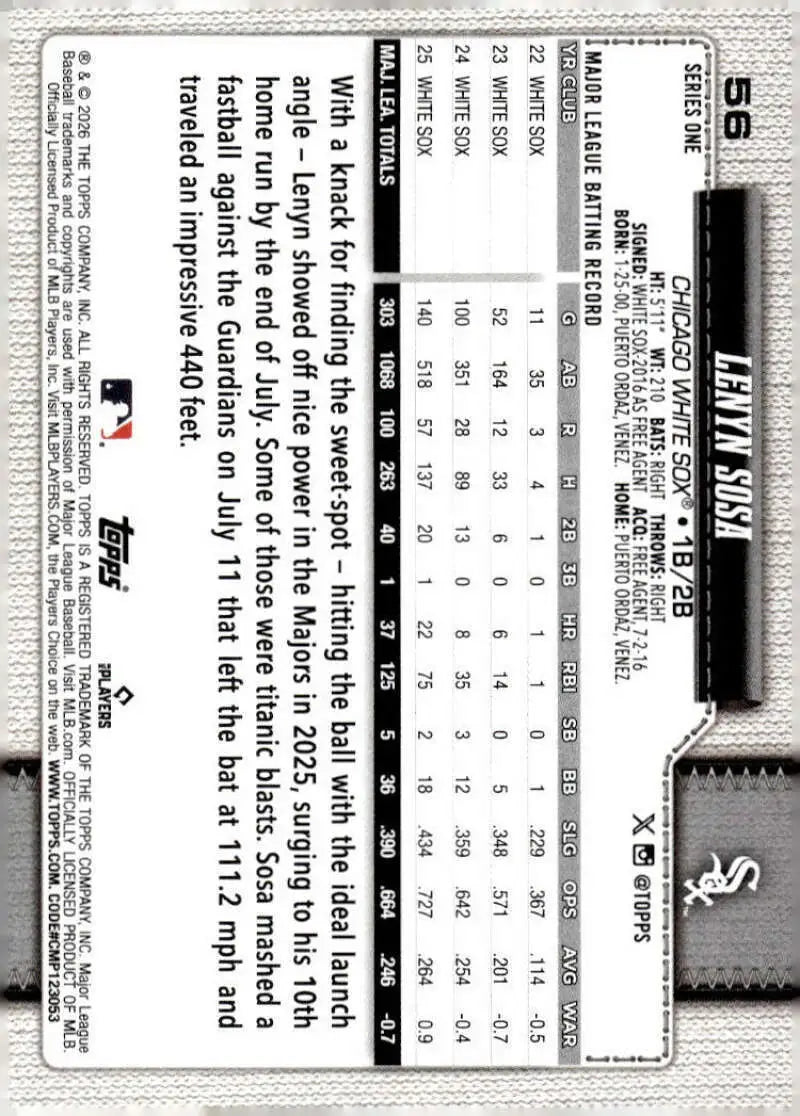 2026 Topps #56 Lenyn Sosa NM-MT Chicago White Sox Baseball Card